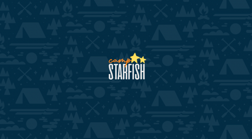 This is a graphical illustration with a camping motif, featuring icons like tents, trees, campfires, and mountains, centered around the "Camp Starfish" logo.