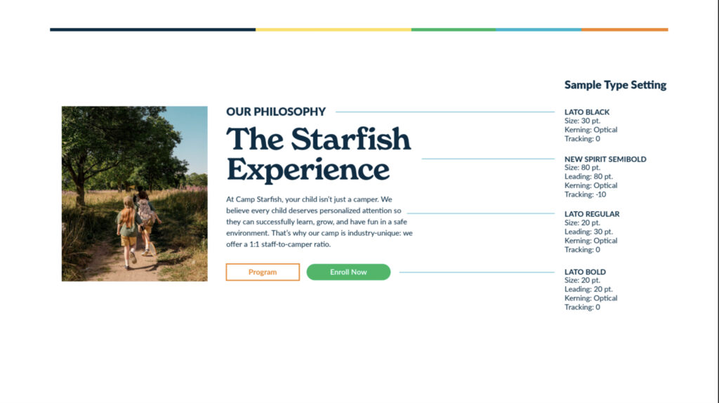 A webpage layout with a title "The Starfish Experience," featuring typography samples and a background photo of two children and a person walking outdoors.