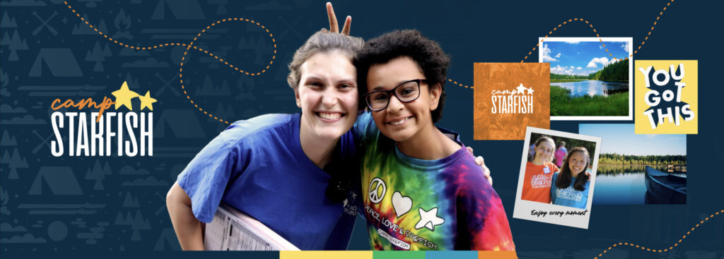 A promotional collage for Camp Starfish featuring two people smiling, summer camp imagery, inspiring messages, and camp logo in a cheerful design.