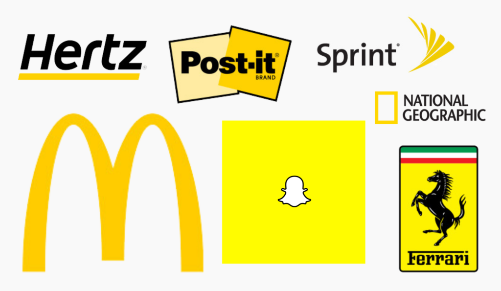 The image shows logos of various brands with a yellow color scheme, including McDonald's, Hertz, Post-it, Sprint, Snapchat, National Geographic, and Ferrari.