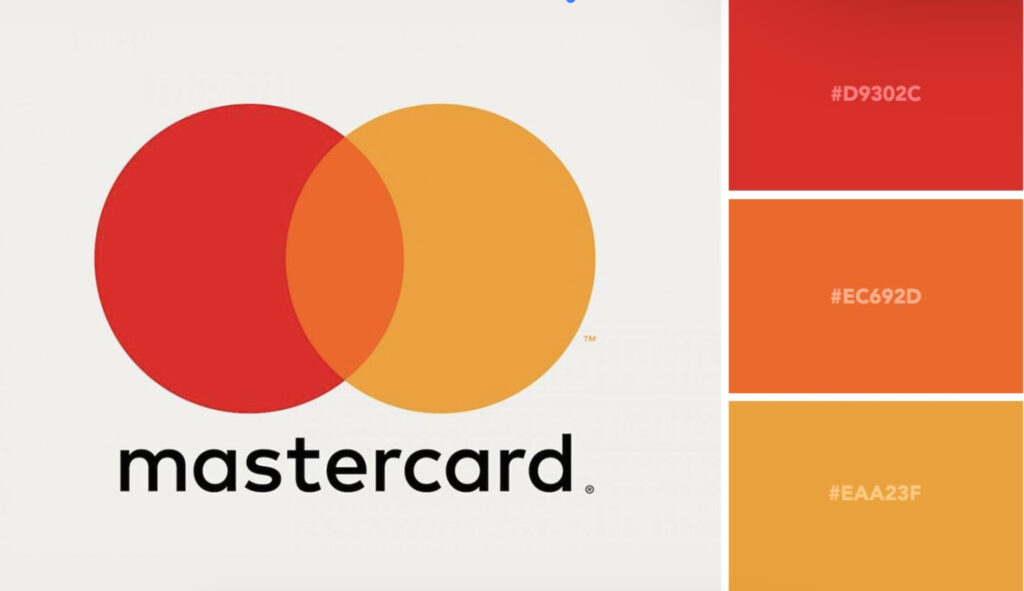 The image displays the Mastercard logo with two overlapping circles, one red and one orange, above the brand name, accompanied by color codes on the right.