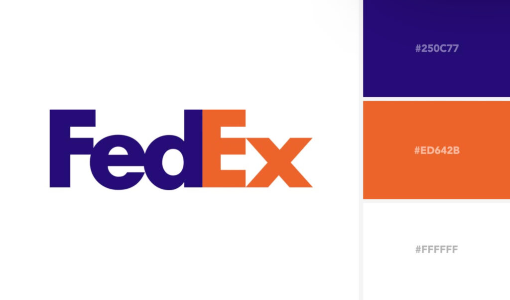 The image shows the FedEx logo with a split-color design: purple and orange, and color codes #250C77 and #ED642B on each side, respectively.