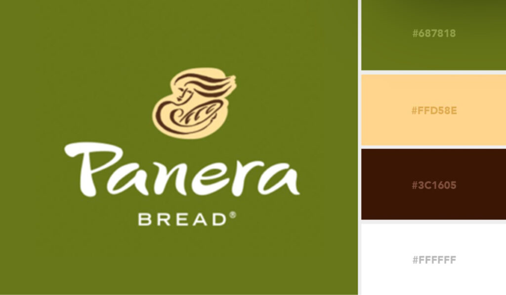 The image shows the Panera Bread logo with a green background. Adjacent, color swatches with corresponding hex codes are displayed for brand colors.