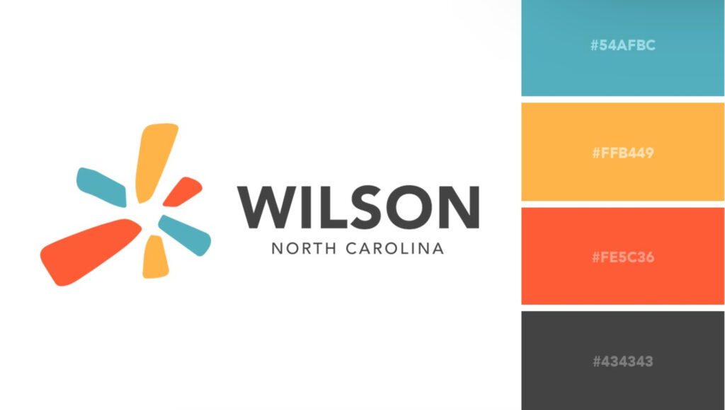 The image shows a logo with the text "WILSON NORTH CAROLINA" and a graphic element, accompanied by a color palette with hex codes.