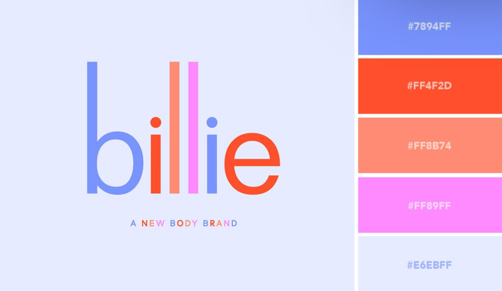The image features the word "billie" in stylized lowercase letters, with "A NEW BODY BRAND" underneath. To the right, a palette of five colors with hex codes.