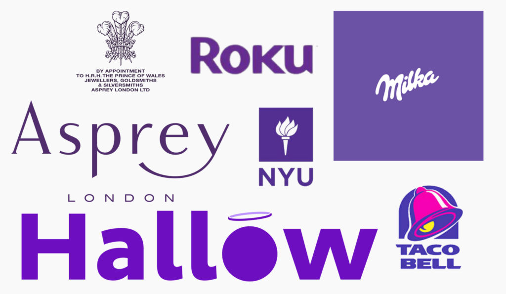 The image displays various logos, including Asprey, Roku, Milka, NYU, and Taco Bell, predominantly in shades of purple against a white background.
