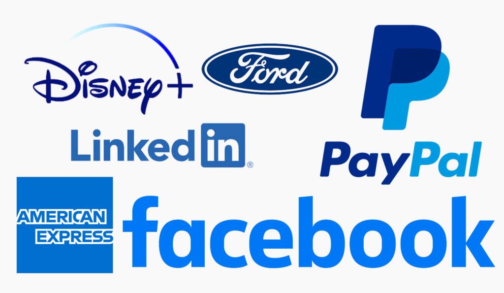 The image contains logos of well-known companies including Disney+, Ford, PayPal, LinkedIn, American Express, and Facebook, displayed in a collage format.