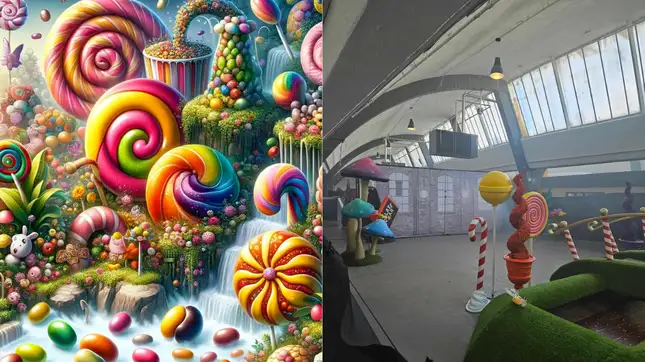 Two images: left, a vibrant illustration of a fantasy candy landscape with colorful swirls and sweets; right, a person in a whimsical indoor setting with oversized candy props.